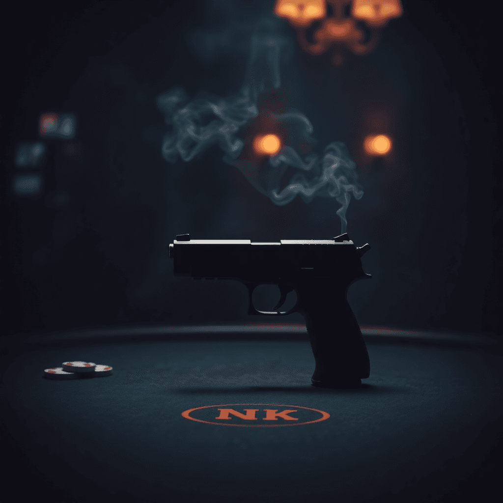 dark atmospheric shot of a smoking gun on a poker table